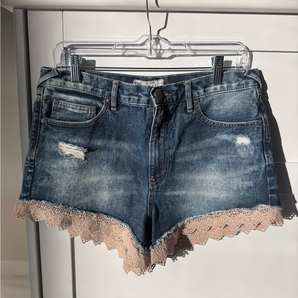 Free People Blue Jean Shorts with Crochet Lace Trim Sz 29